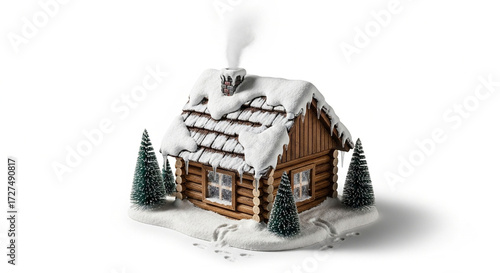 Winter cabin christmas snow scene holiday decoration festive season log cabin snowy roof chimney smoke