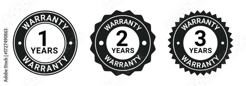 Set of Three  black circular warranty badges from 1 to 6 years with bold text, used for product assurance and service guarantees.