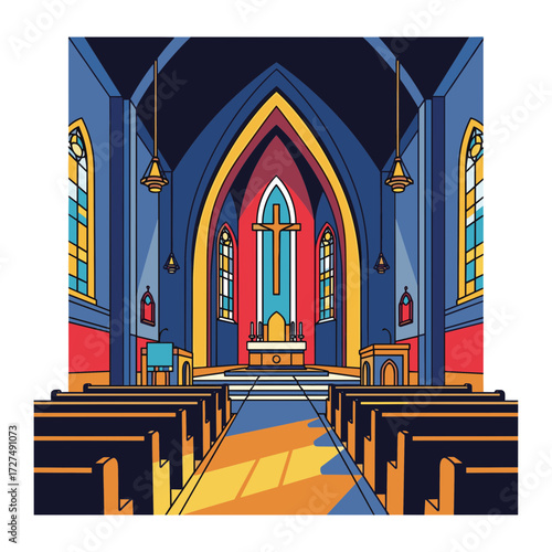 Vibrant Geometric Interior of a Modern Church with Altar and Pews.