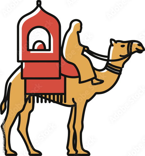 A colorful line art icon depicting a person in traditional robes riding a dromedary camel with a red howdah.
