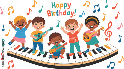 Happy birthday celebration with kids singing, playing guitar, and dancing on piano keys, colorful cartoon musical party illustration design