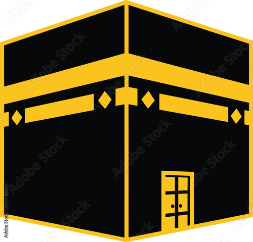 A stylized black and gold hexagonal icon representing the Kaaba, the most sacred building in Islam, located in Mecca.
