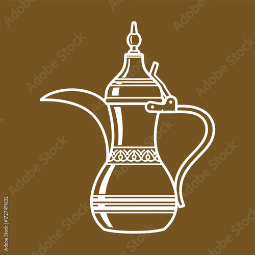 A white line art illustration of a traditional Arabic Dallah coffee pot set against a simple brown background.