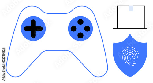Blue game controller, shield with fingerprint, and a laptop outline. Ideal for gaming, tech security, innovation, online gaming, digital safety, data protection simple flat metaphor