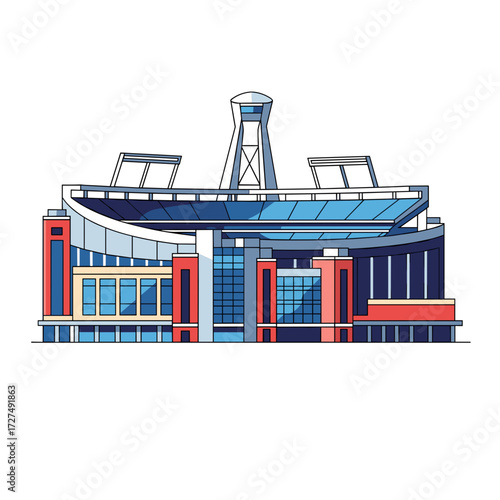 Modern Sports Stadium with Tower and Blue Roof Structure.