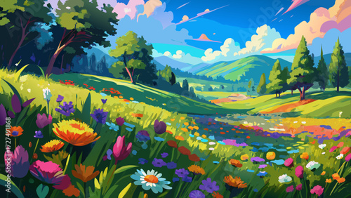 This vibrant digital impressionist painting of a summer meadow bursting with wildflowers shines in an image format, with high resolution detail, expressive brushwork, and lively artistic charm 