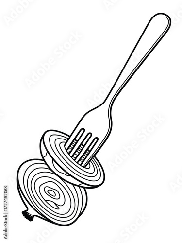 Hand drawn illustration of a fork piercing sliced onion rings
