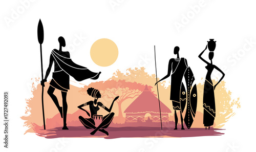 Vector illustration with silhouettes of African men and women holding spears, shield, drum and pot in traditional village scene. Ethnic culture, heritage and African lifestyle.