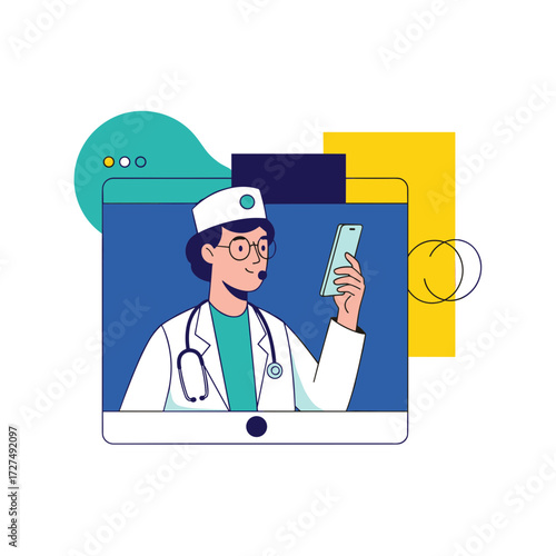 Professional female doctor in lab coat stethoscope glasses holding smartphone wearing headset.