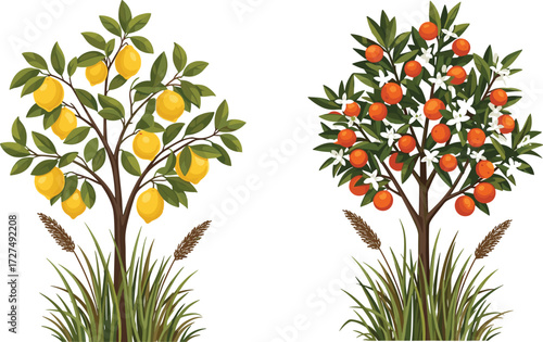 Lemon tree and orange tree illustration, citrus fruit plants, garden trees, ripe lemons, juicy oranges, vector artwork, botanical clipart