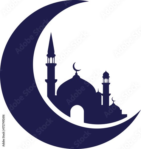 A dark blue silhouette of a mosque with domes and minarets set inside a large crescent moon, a common symbol of Islam.