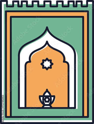 A stylized illustration of an Islamic prayer rug with a green border and an orange mihrab arch design.