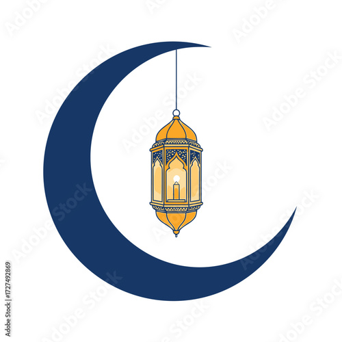 An ornate golden Ramadan lantern with a glowing candle hangs from a deep blue crescent moon.
