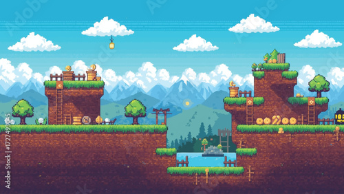 Retro 8-Bit Pixel Art Gaming Scene – Colorful Platformer Level Background