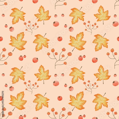 Wallpaper Mural Seamless Autumn Pattern with Maple Leaves and Berries on Beige Background Torontodigital.ca