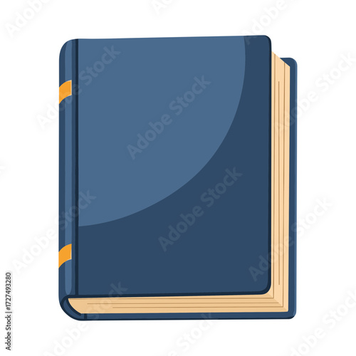 Dark blue hardcover book with yellow pages and orange spine detail illustration.