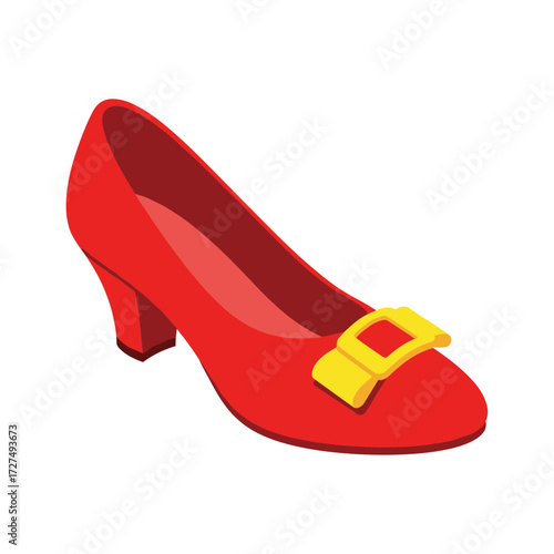 Iconic Red High Heel Shoe with Yellow Buckle Accent.