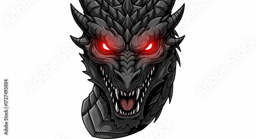 Dragon head fierce menacing red eyes in dark scales with sharp teeth for fantasy illustration.