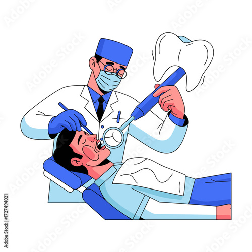 Stylized illustration of a dentist in a mask examining a patients open mouth with dental tools.