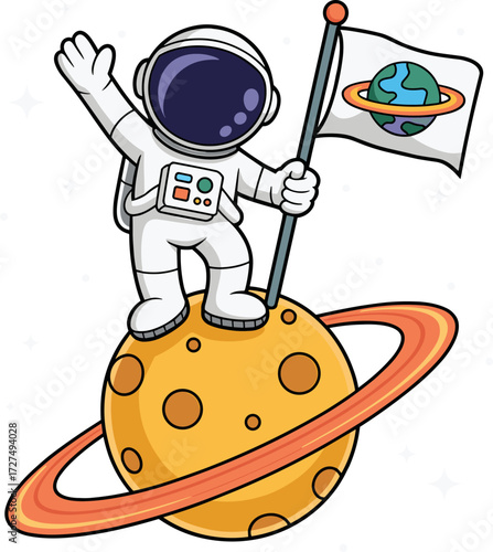 Astronaut Planted Flag On Ringed Planet Exploring Outer Space Cosmic Adventure and Discovery with a Friendly Astronaut in a Spacesuit Waving Hello and Holding a Banner