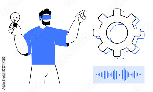 Person wearing VR headset holding light bulb and pointing at gear. Sound wave display beside gear. Ideal for technology, innovation, virtual reality, creativity, engineering, futuristic concepts