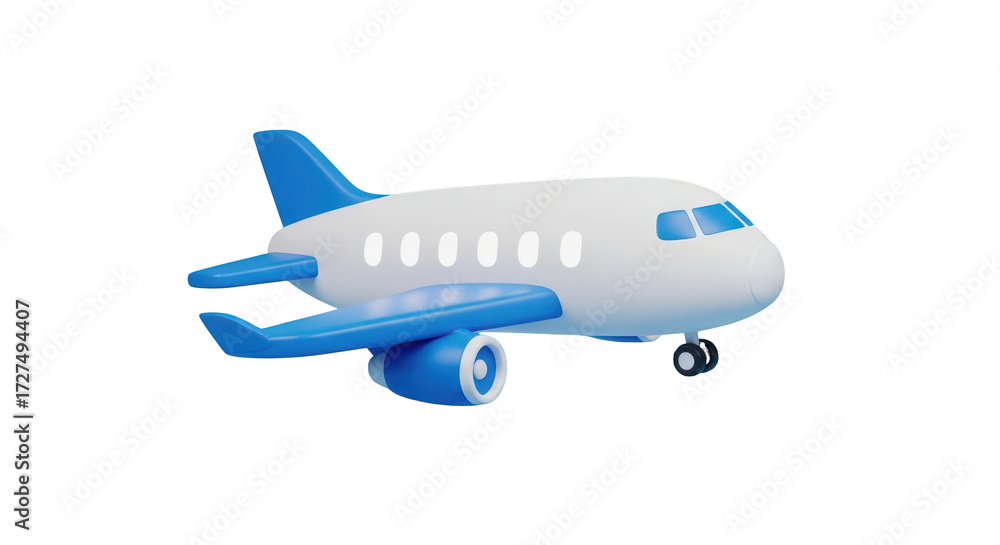 Obraz premium White and blue passenger airplane with visible windows isolated on a transparent background
