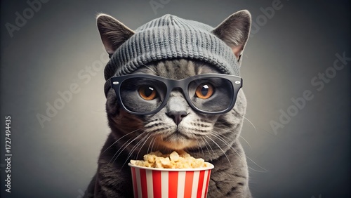 Stylish Gray Cat Enjoying Movie Night Dressed in Beanie and Glasses with Delicious Popcorn Ready to Binge Watch