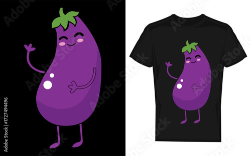 Funny eggplant character with gift box celebrating fruit and humor