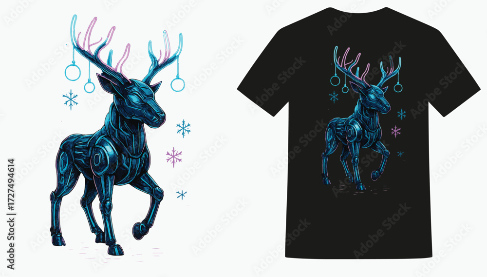 Obraz premium Cyberpunk Neon Reindeer Christmas T-shirt Design, Futuristic Cyberpunk Holiday Reindeer T-shirt Graphic, Unique Neon Cyberpunk Reindeer Vector T-shirt Print, Bold Futuristic Reindeer Christmas T-shirt