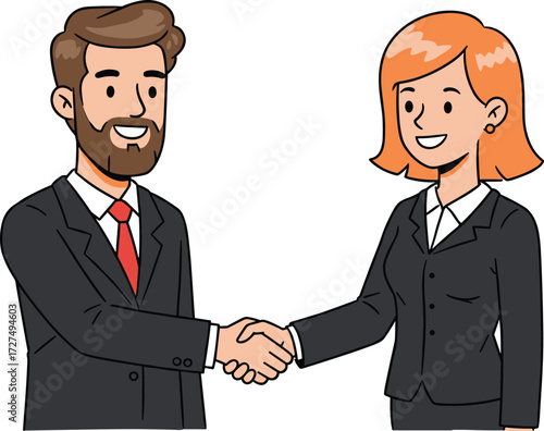 Business handshake illustration, professional man and woman agreement, corporate partnership concept, teamwork cooperation vector, formal business attire characters, successful negotiation design