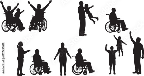 PrintInclusive community, wheelchair support, disability empowerment, diverse interaction, accessible lifestyle, human connection, mobility aid, celebration, unity, silhouette people, care