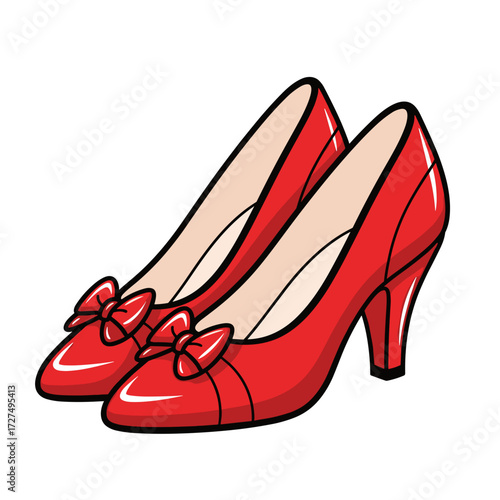 Vibrant Red High Heels with Elegant Bows Pointed Toe Design Glossy Cartoon Style.