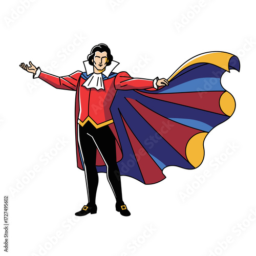 Vibrant cartoon showman in red jacket and dramatic flowing multicolored cape with outstretched arms.