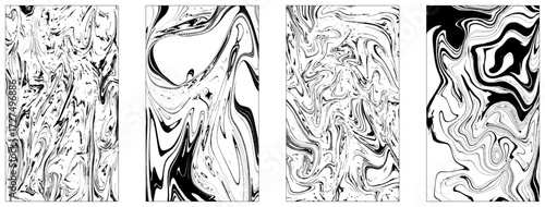 Collection of four black and white liquid acrylic marble pattern. Vector illustration.