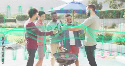 Friends clinking bottles, passing tongs on grill for cooking burgers using motion graphics in food