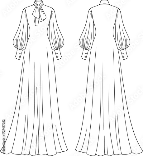 Technical fashion sketch, long dress design, bishop sleeves, high neckline, bow detail, front and back view, garment construction, apparel illustration, vector template