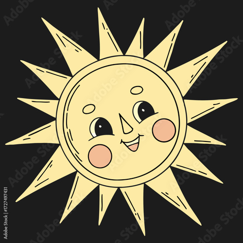 A cheerful cartoon sun with a smiling face and rosy cheeks, radiating warmth and happiness with its bright yellow rays against a dark background