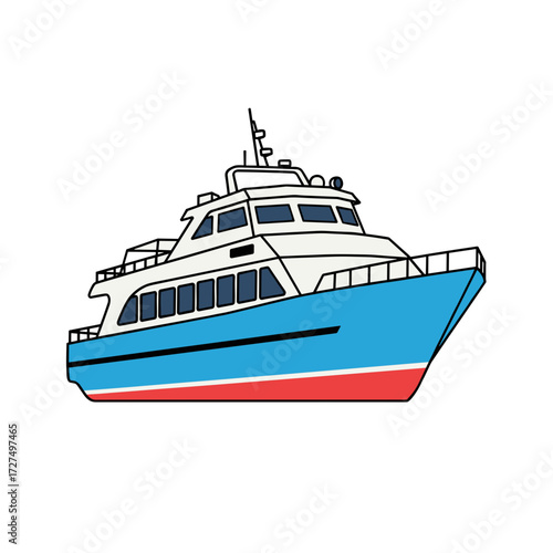 Stylized blue and white passenger boat illustration cartoon style with a prominent red hull stripe.