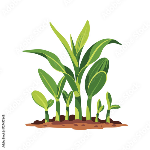 Vibrant green plant sprouts and young plants growing from brown soil illustrating growth stages in flat design.