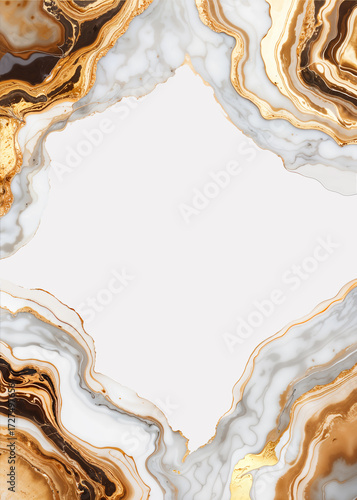 Elegant marble frame with white and gold flowing textures, creating a luxurious border with empty space for text. Perfect for invitations, business cards, posters, banners, gift certificates, product 