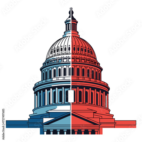 Stylized US Capitol Building illustration divided into red and blue political colors representing a bipartisan or divided government.