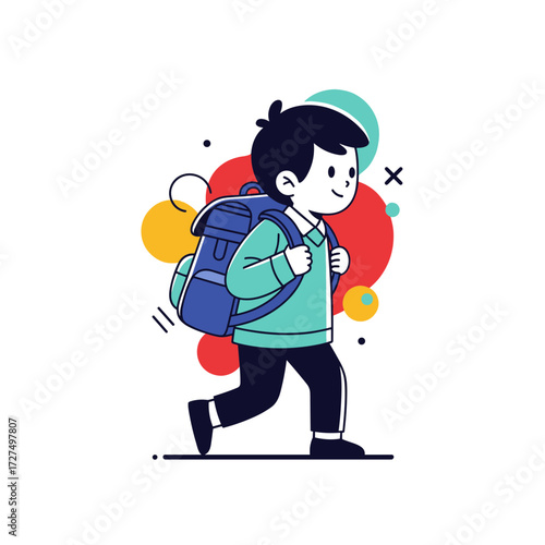 Happy cartoon schoolboy with a large blue backpack walking to school simple illustration.