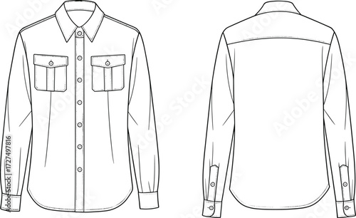 Technical fashion sketch, long sleeve shirt, front and back view, button-up design, collar, pockets, cuffs, garment construction, apparel illustration