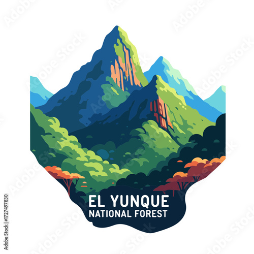 El Yunque National Forest travel sticker illustration with vibrant stylized mountains and lush green jungle.