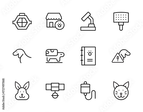 Veterinary and Pet Care Icon Set – Pet Clinic, Vaccination, Grooming, Pet Shop, Grooming, Dog, Cat, Rabbit, and Animal Health Symbols