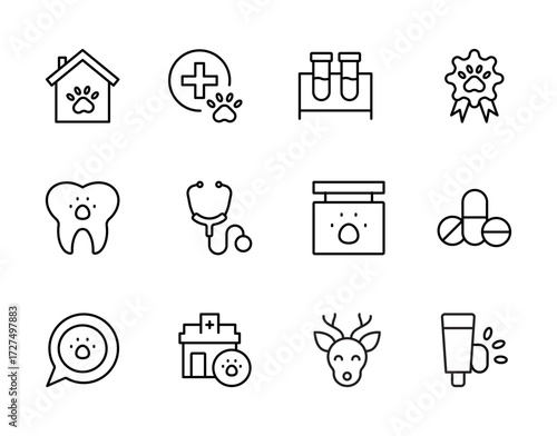 Veterinary and Pet Care Icon Set – Pet Clinic, Vaccination, Grooming, Pet Shop, Grooming, Dog, Cat, Rabbit, and Animal Health Symbols