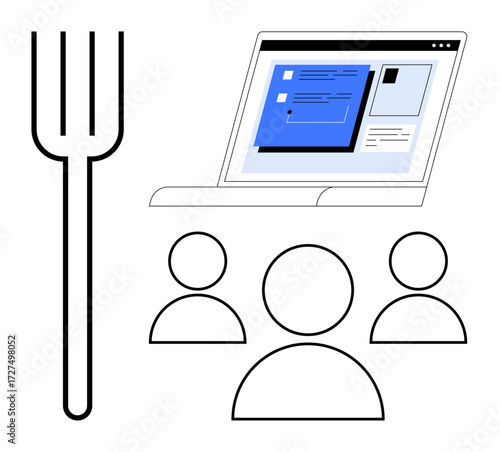Fork emphasizing choices alongside laptop displaying workflow chat and three users. Ideal for teamwork, online meeting, decision-making, brainstorming, personalization, remote collaboration, simple