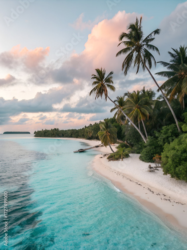 Tropical Island Beach at Sunset with Palm Trees and Turquoise Water..