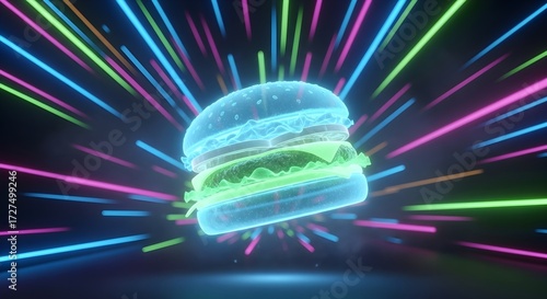 Vibrant holographic burger floating amidst colorful neon light trails, a futuristic concept for digital food and virtual dining