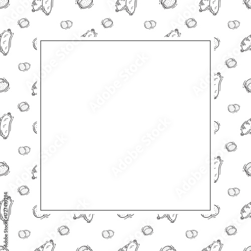 sausage frame. doodle grill sausage square frame. hand drawn sausage frame background. grill sausage background